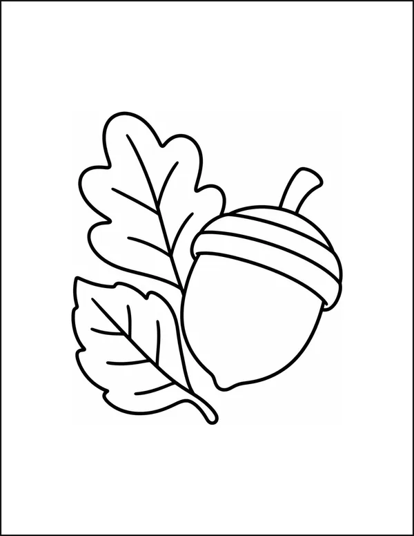 One acorn with a striped cap resting beside two leaves.