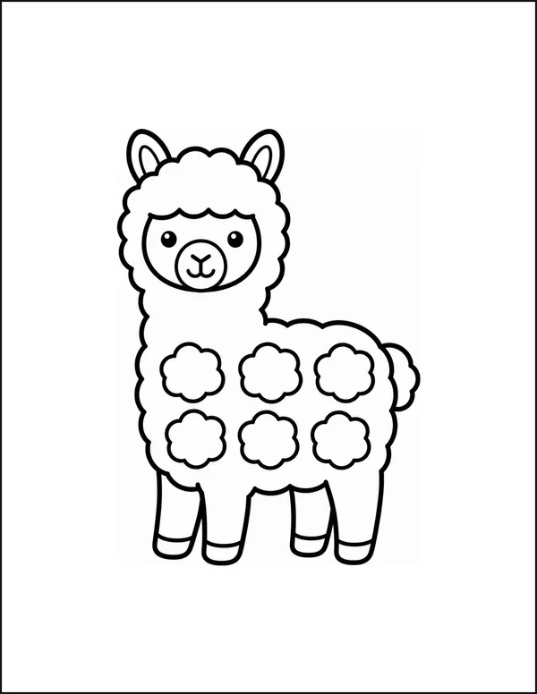 An alpaca standing with six rounded bumps of wool along its back.