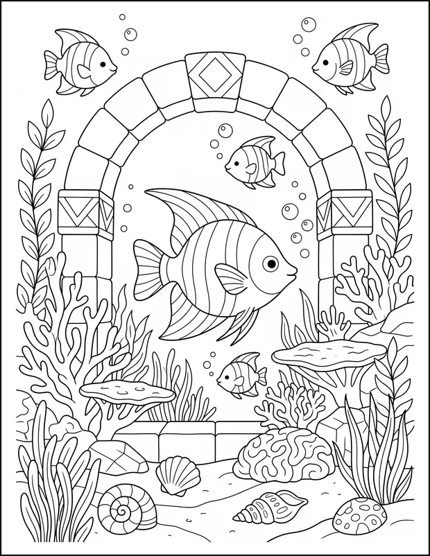 Striped angelfish swimming around a round gap in a coral reef.