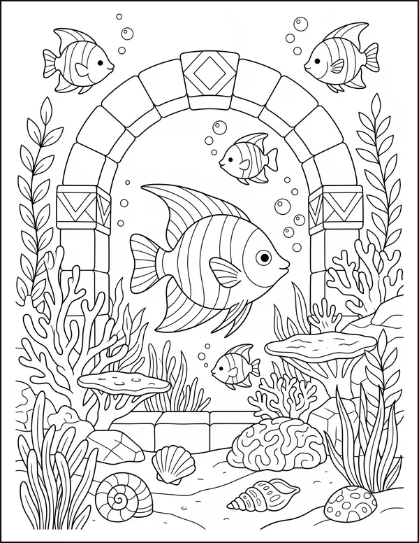 Striped angelfish swimming around a round gap in a coral reef.