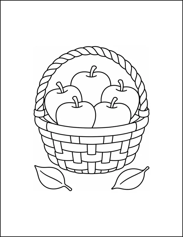 A woven basket holding five apples beside two leaves.