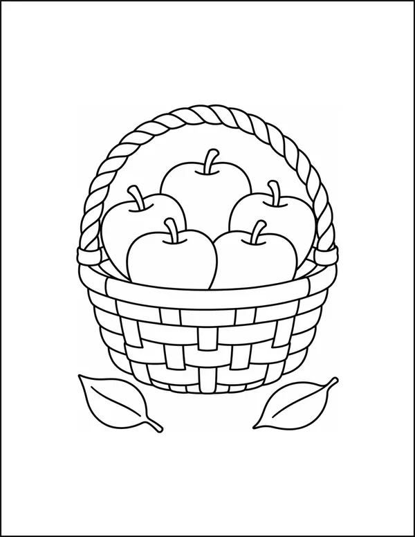 A woven basket holding five apples beside two leaves.