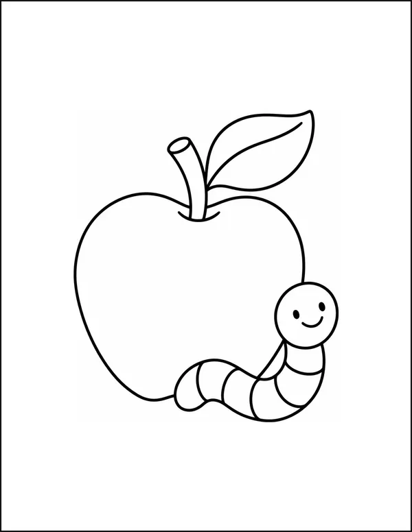 An apple with a smiling worm looking out and a leaf on its stem.