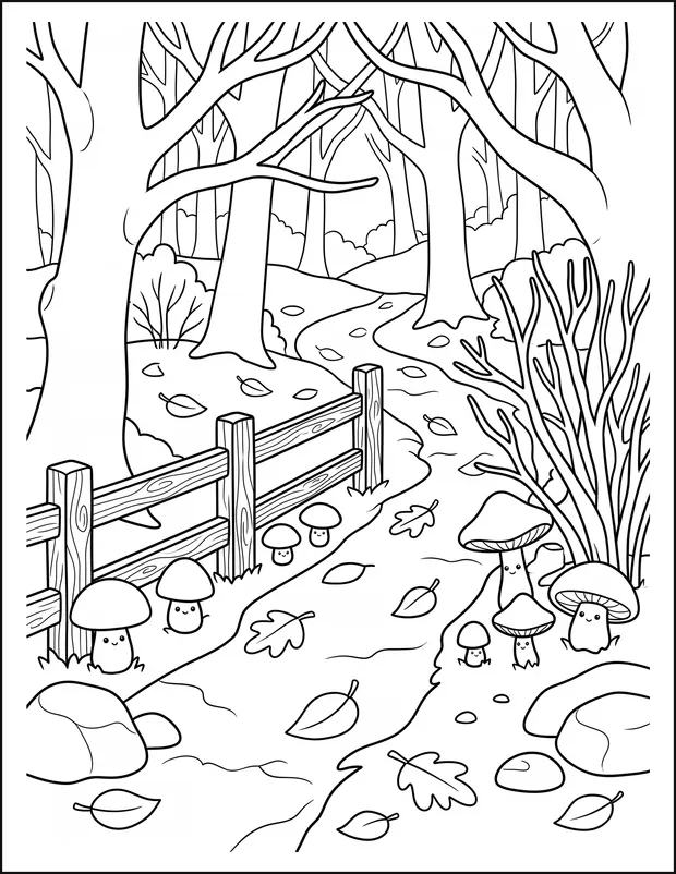 A woodland trail scattered with fallen leaves and five mushrooms.