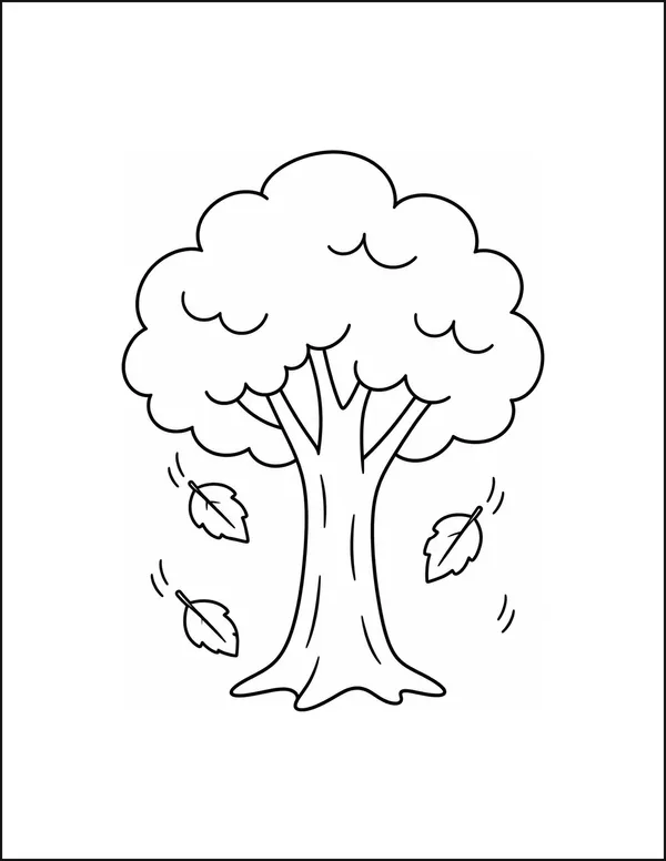 A tree in autumn with four leaves falling from its branches.