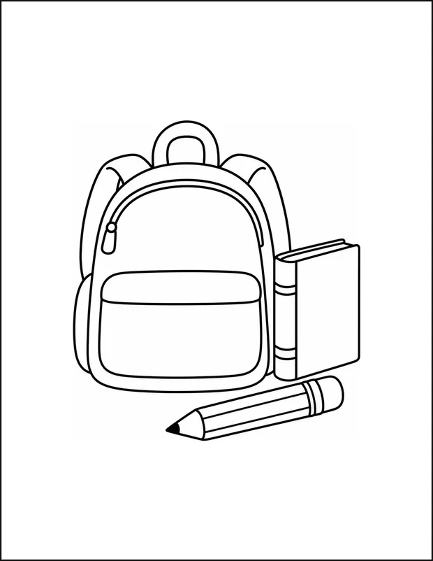 A backpack standing beside an open book and a single pencil.