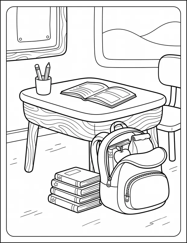 A backpack hanging beside a school desk stacked with books.