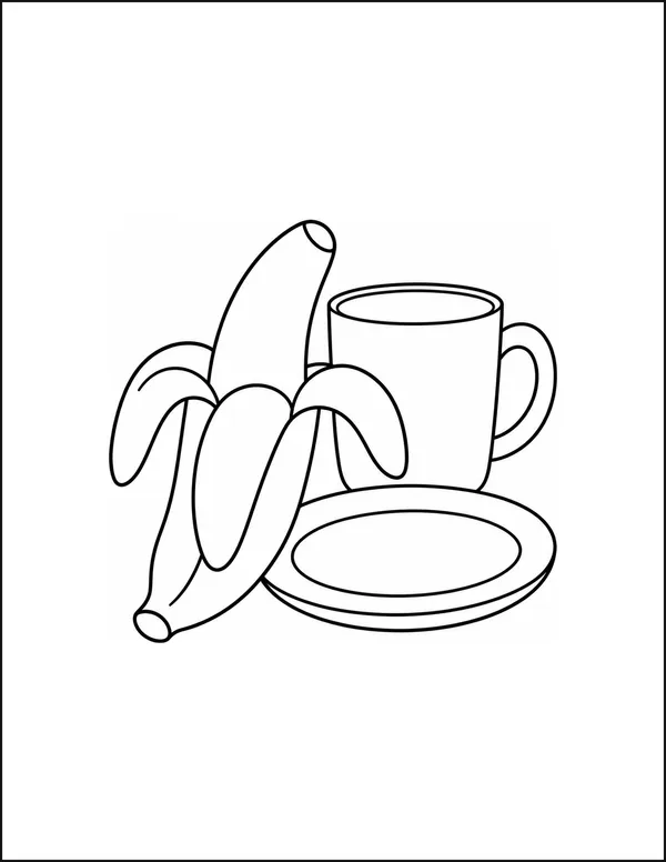 A peeled banana lying beside a round plate and a tall cup.