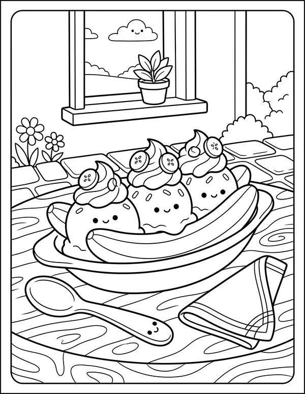 A banana split in a long dish with a spoon and napkin beside it.