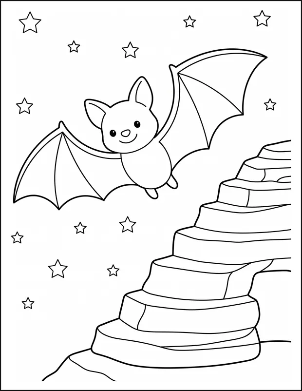 A friendly bat flying near a cave entrance beneath stars.