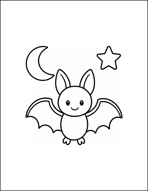 A friendly bat flying beside a crescent moon and a single star.