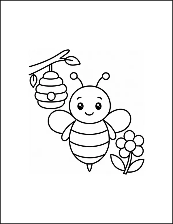 A bee flying beside a rounded hive and one open flower.