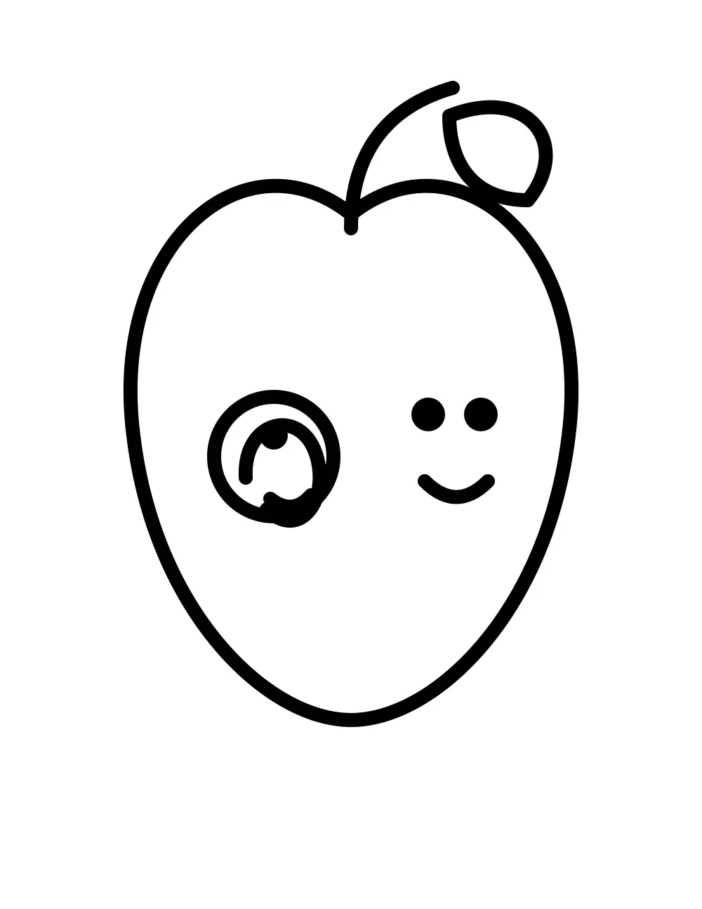 A large apple with one leaf and a smiling worm in a round opening.
