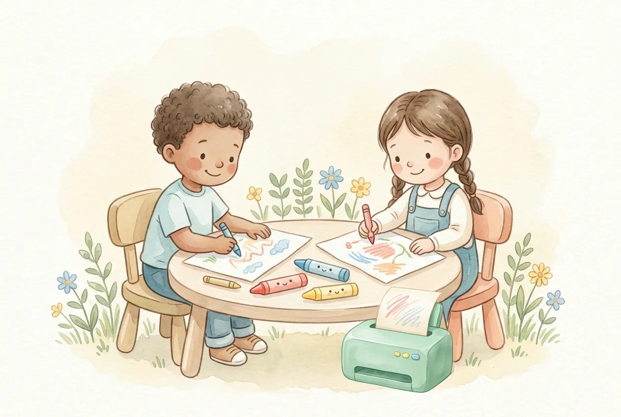 Two children colouring at a table with crayons and flowers