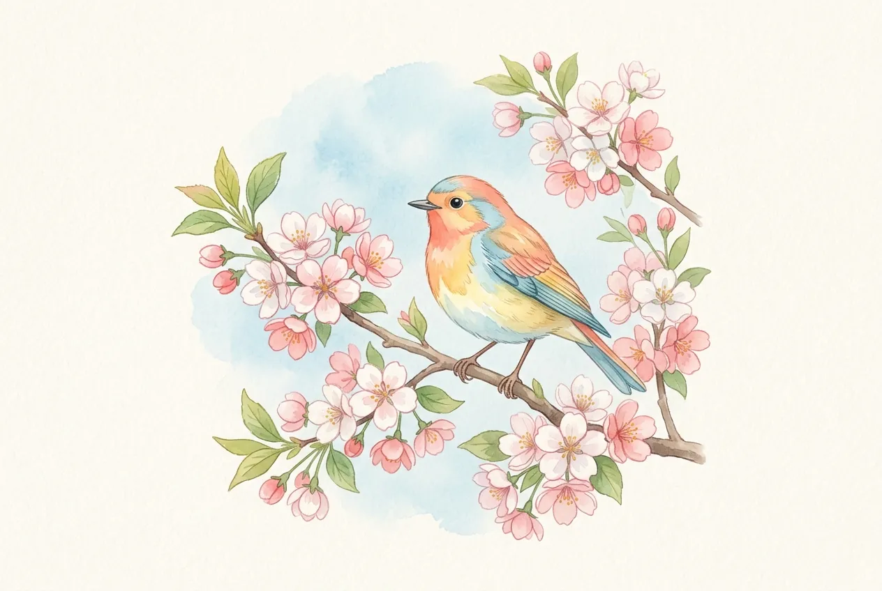 A colourful bird sitting among pink blossoms