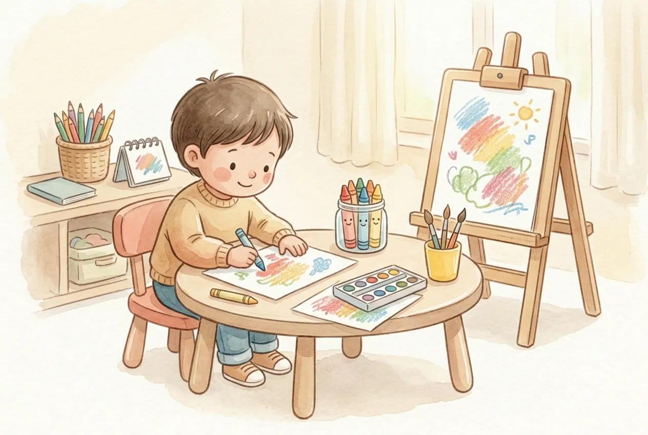 A child colouring at a table beside an easel