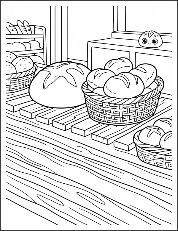 A bakery shelf holding a large loaf, baskets and small rolls.