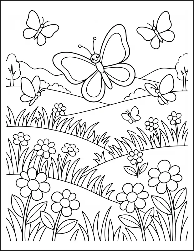Butterflies flying above a meadow of flowers and tall grass.