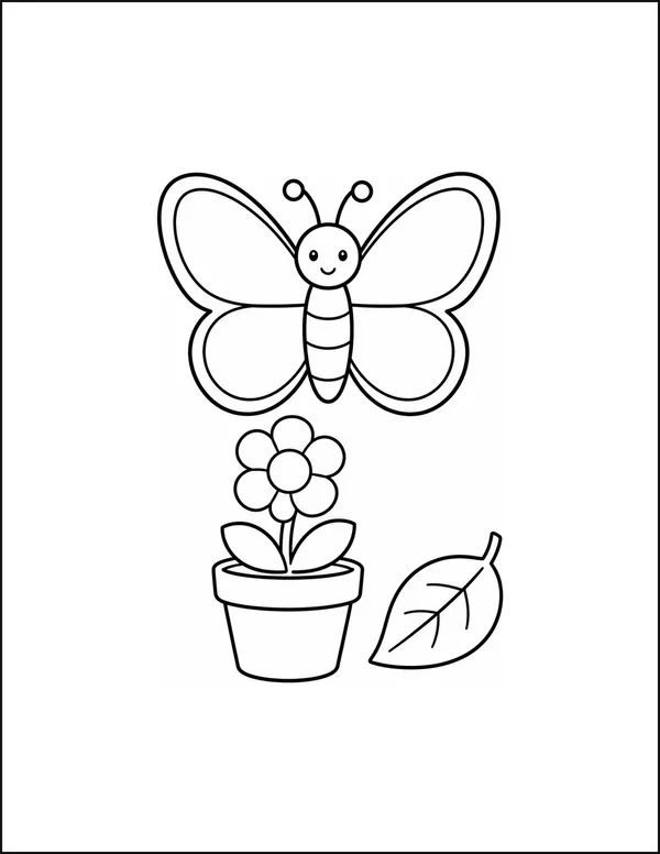 A butterfly hovering above a flower pot with a single leaf.