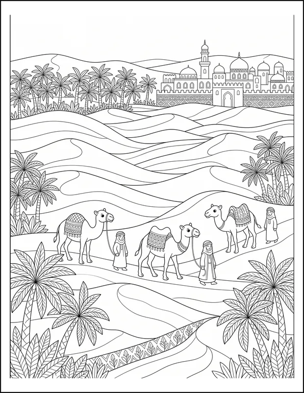 A camel caravan crossing patterned dunes towards a distant town.