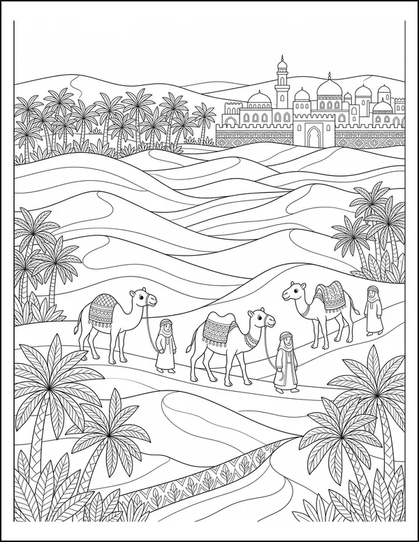 A camel caravan crossing patterned dunes towards a distant town.