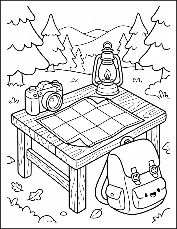 A camera and lantern on a camp table beside an open map.