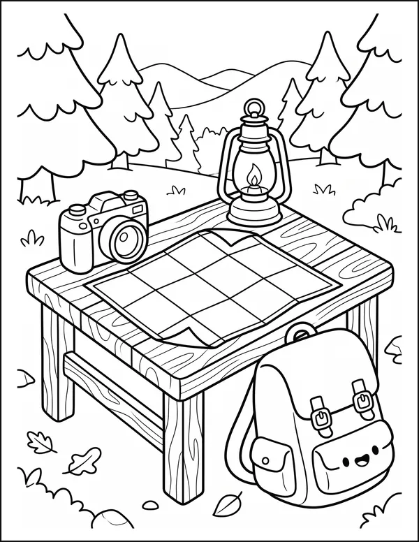 A camera and lantern on a camp table beside an open map.