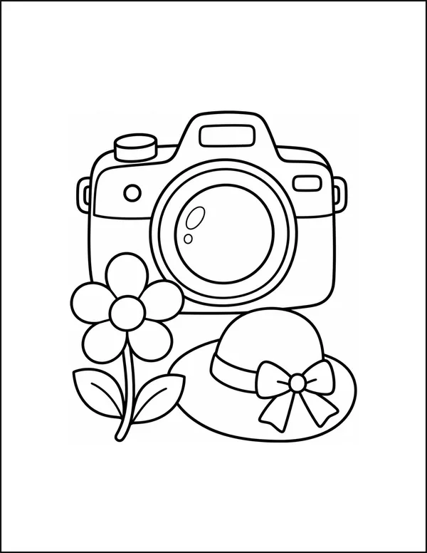 A camera with a large round lens beside a flower and a sun hat.