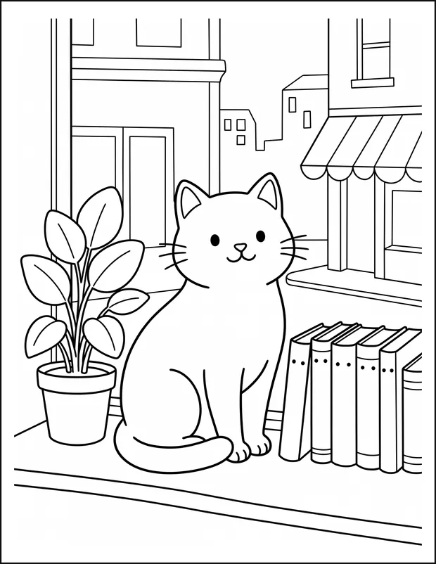A cat sitting in a bookshop window beside stacked books.