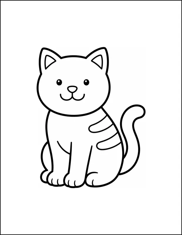 A large smiling cat sitting with exactly three body stripes.