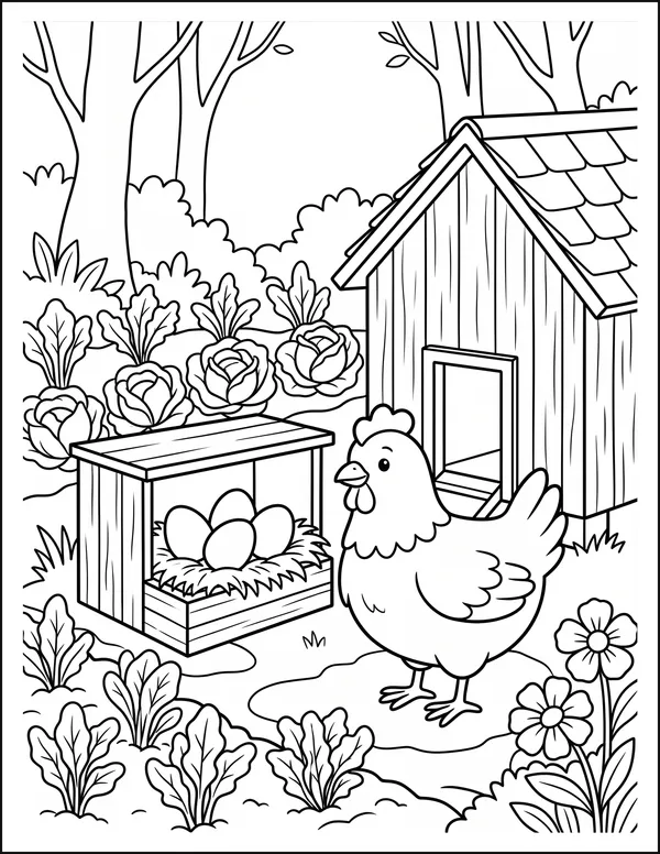 A chicken standing outside a coop beside a nest of four eggs.