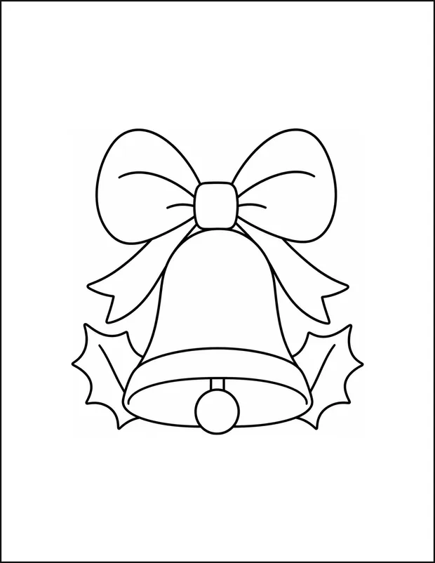 A Christmas bell with a large bow beside two holly leaves.