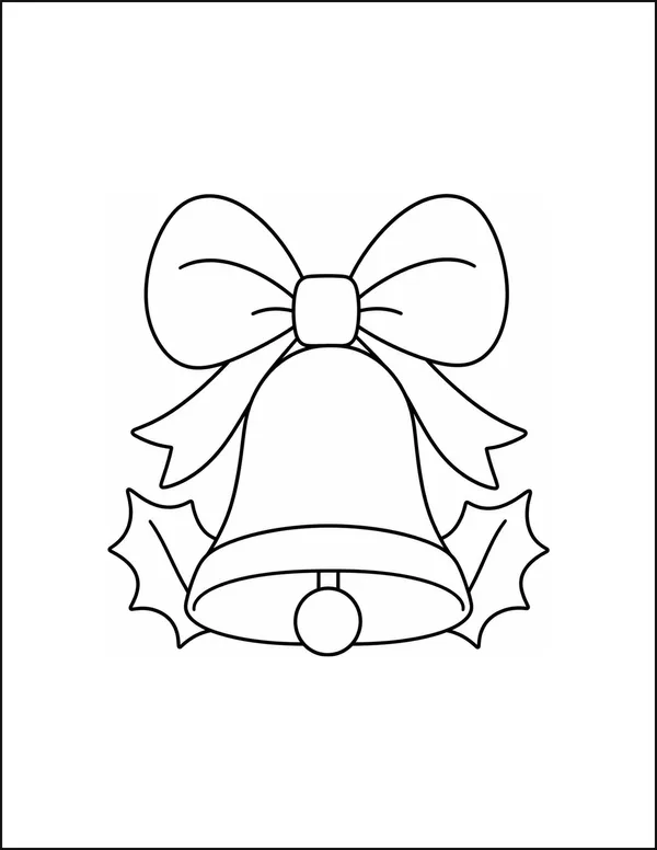 A Christmas bell with a large bow beside two holly leaves.