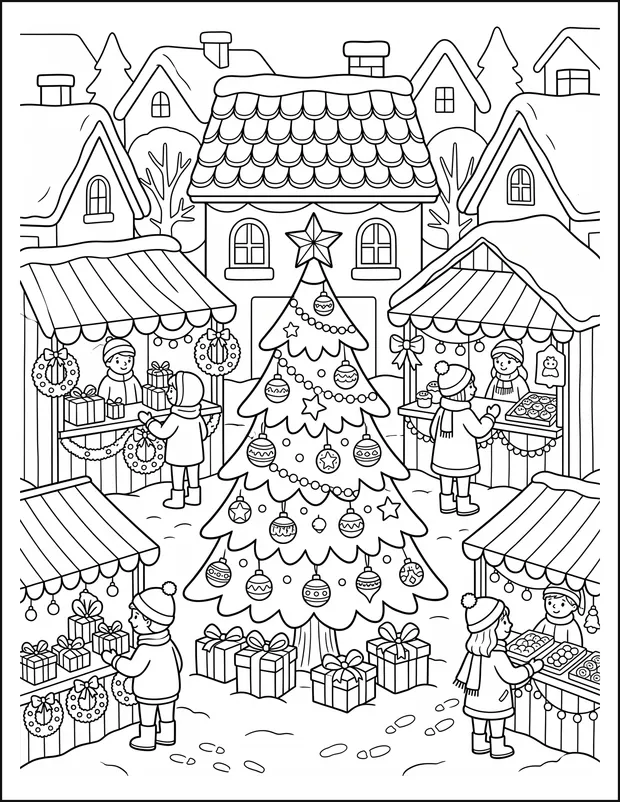 A festive market square with wooden stalls and a tall tree.
