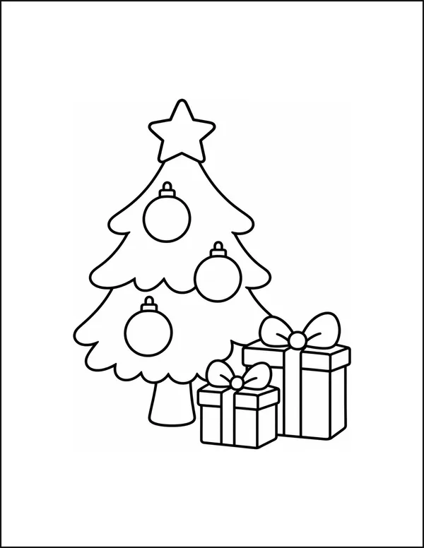 A Christmas tree with three round ornaments and two gifts.