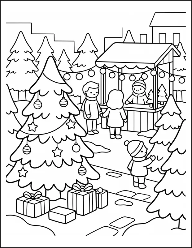 A Christmas tree market with a wooden stall and wrapped gifts.