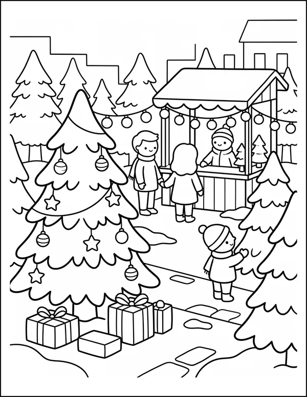 A Christmas tree market with a wooden stall and wrapped gifts.