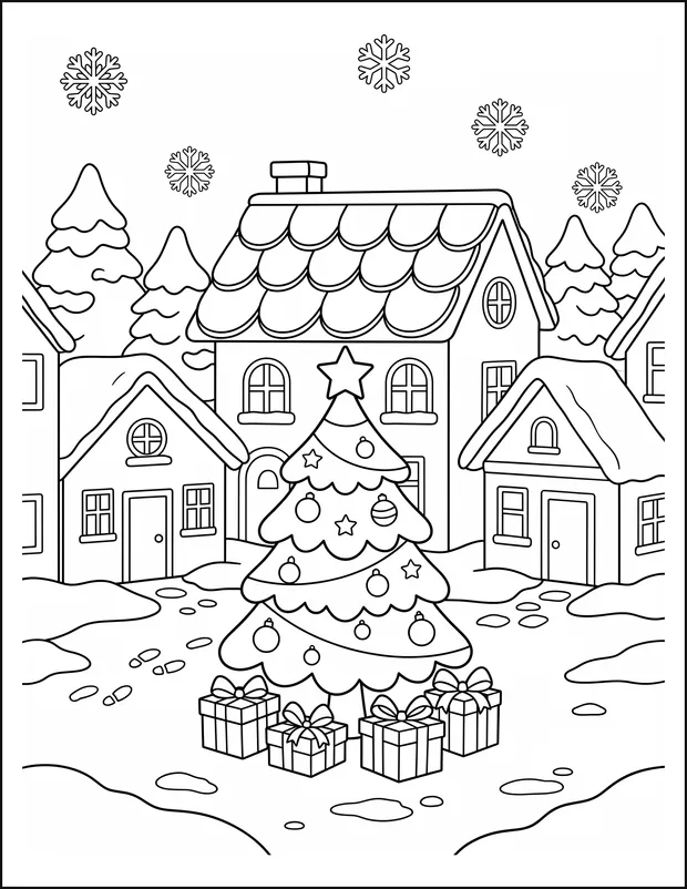 A village square with a tall tree and snow-covered rooftops.