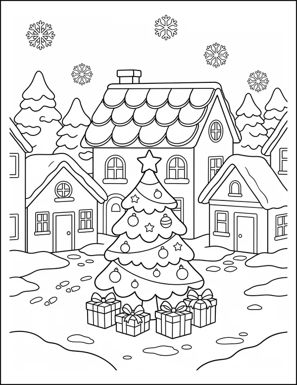 A village square with a tall tree and snow-covered rooftops.
