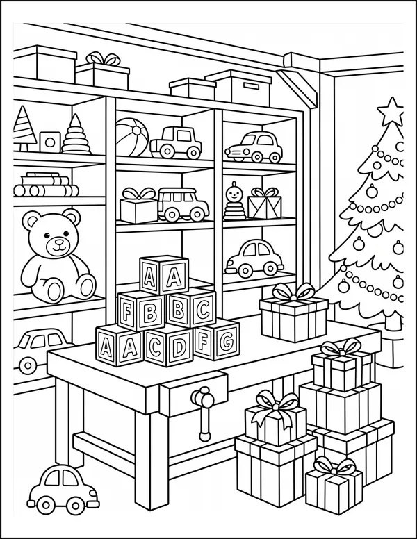 A workshop with toy shelves, stacked gifts and a small tree.