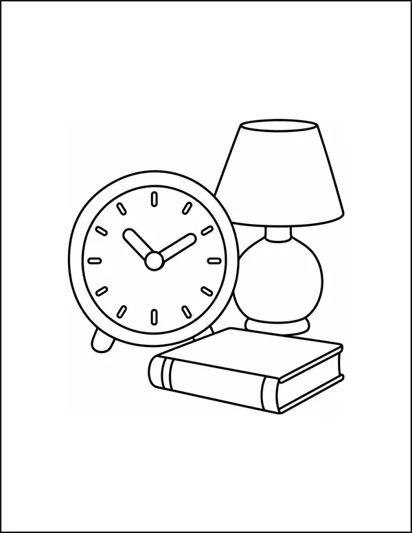 A round clock with two thick hands beside a book and a lamp.