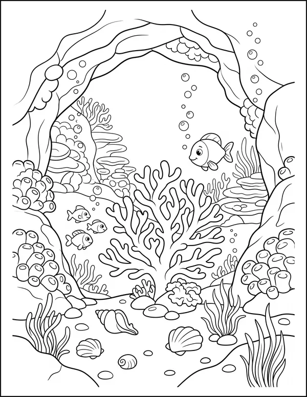 A coral cave on the sea floor with fish swimming through it.