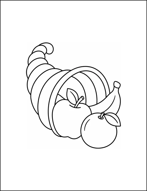 A woven cornucopia horn spilling three separate fruits.