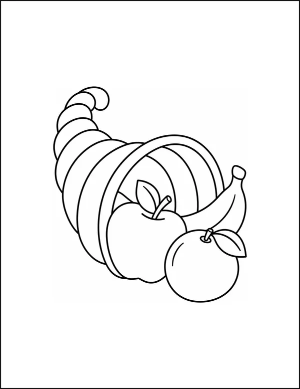 A woven cornucopia horn spilling three separate fruits.