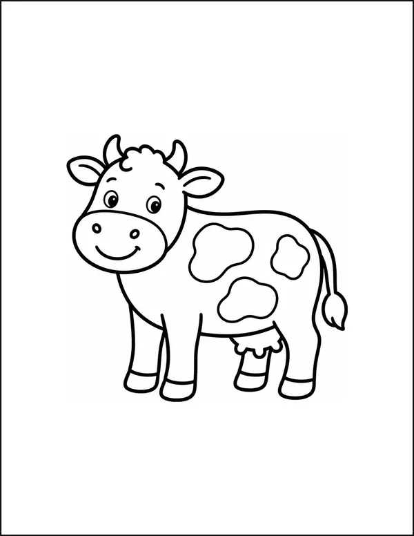 A smiling cow standing with three irregular spots on its body.