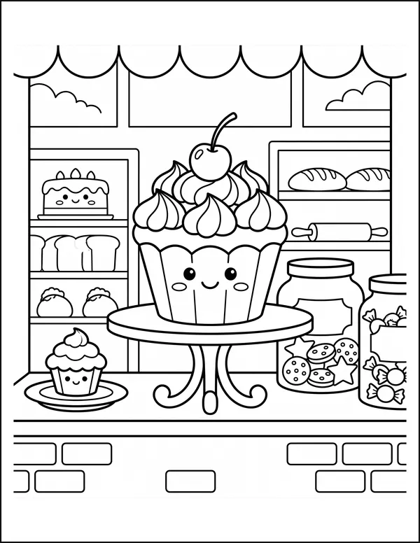 Cupcakes on a cake stand in a bakery window beside jars.