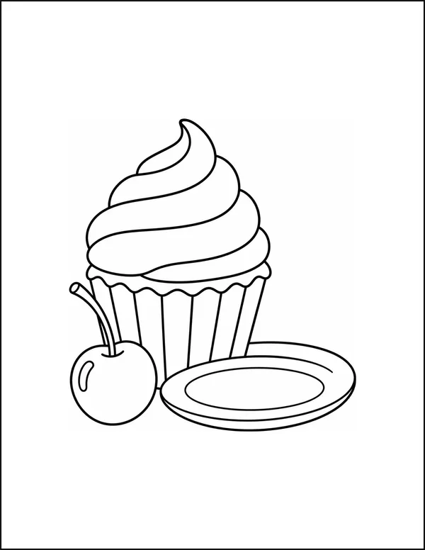 A cupcake with swirled frosting topped by a cherry on a plate.