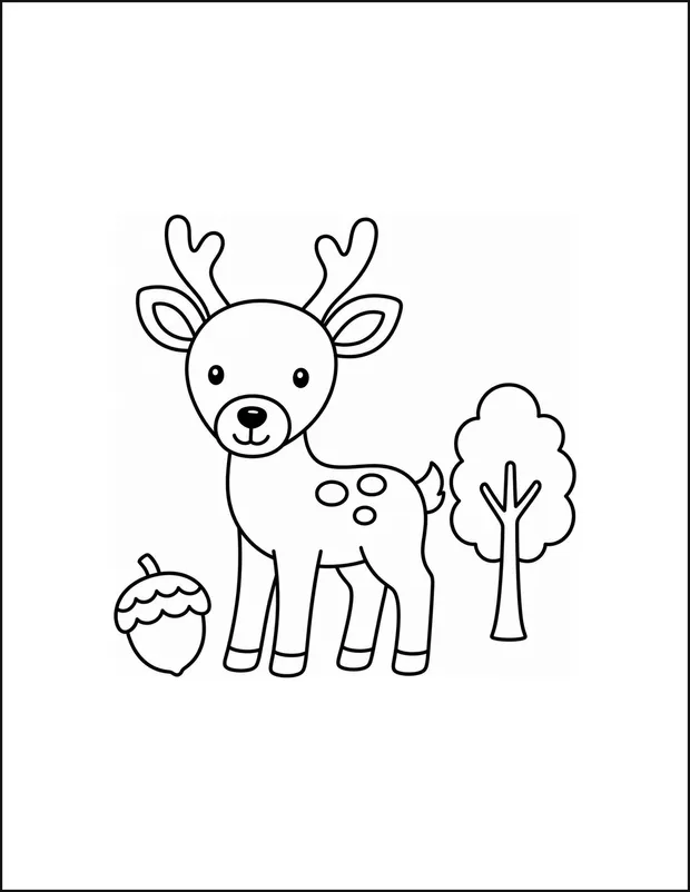 A deer standing beside a small tree with one acorn nearby.