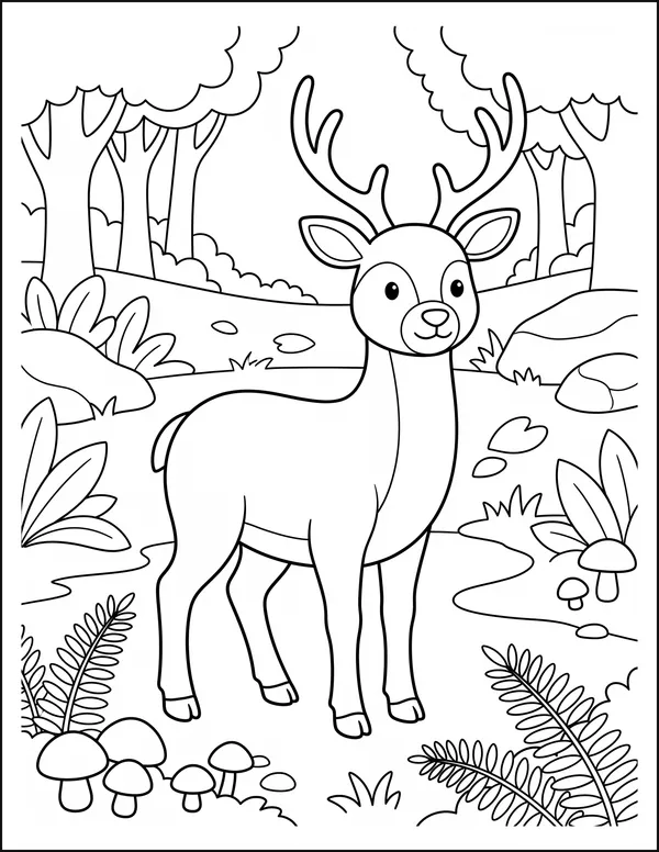 A deer standing in a forest clearing with ferns and mushrooms.