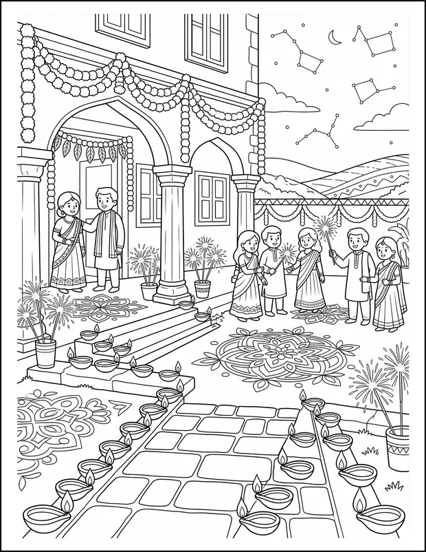 A festive courtyard at night lined with three rows of diya lamps.